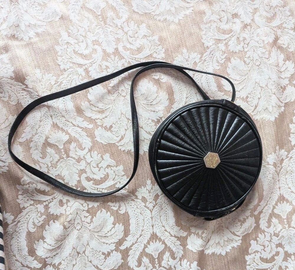 Vintage Revillon Paris Made in France Black Leather Circle Crossbody Purse